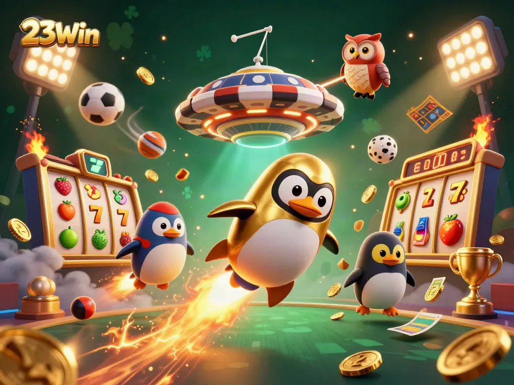23Win showcases a golden penguin and casino themes in this dynamic, vibrant gambling illustration.