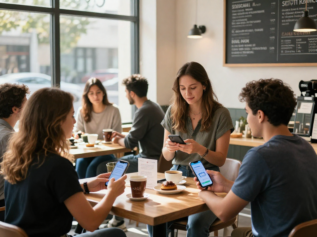 Small business café scene engaging customers with a loyalty app.