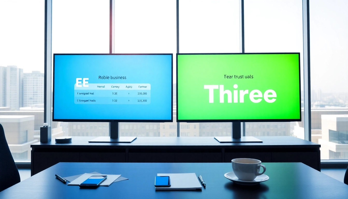 Compare EE vs Three business plans in a professional environment with modern screens.