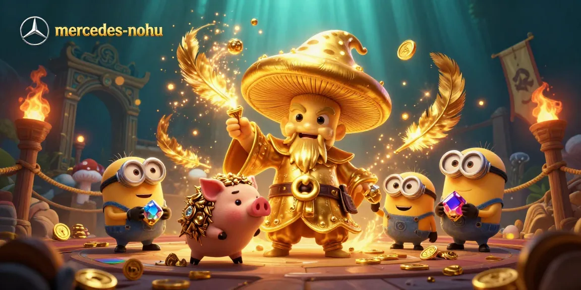 Experience vibrant gaming with mercedes-nohu's golden wizard and treasure-seeking pig in a dynamic casino scene.
