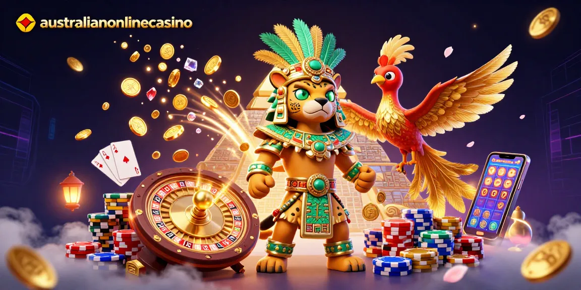 Experience thrilling gaming moments with australianonlinecasino's vibrant 3D illustration of casino elements.