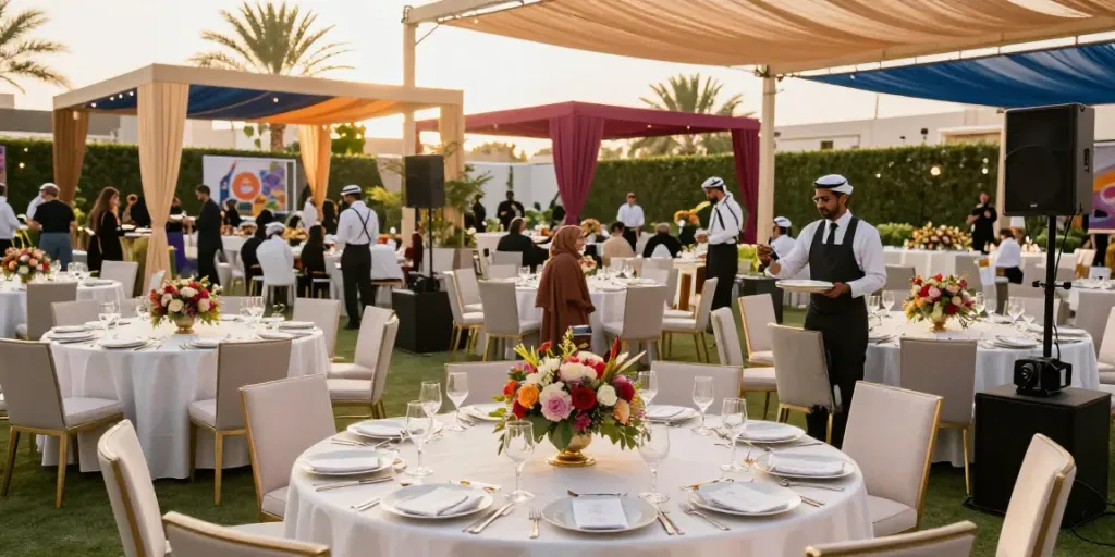 Event rental ksa at a luxurious outdoor gathering in Riyadh, showcasing elegant tables and catering services.