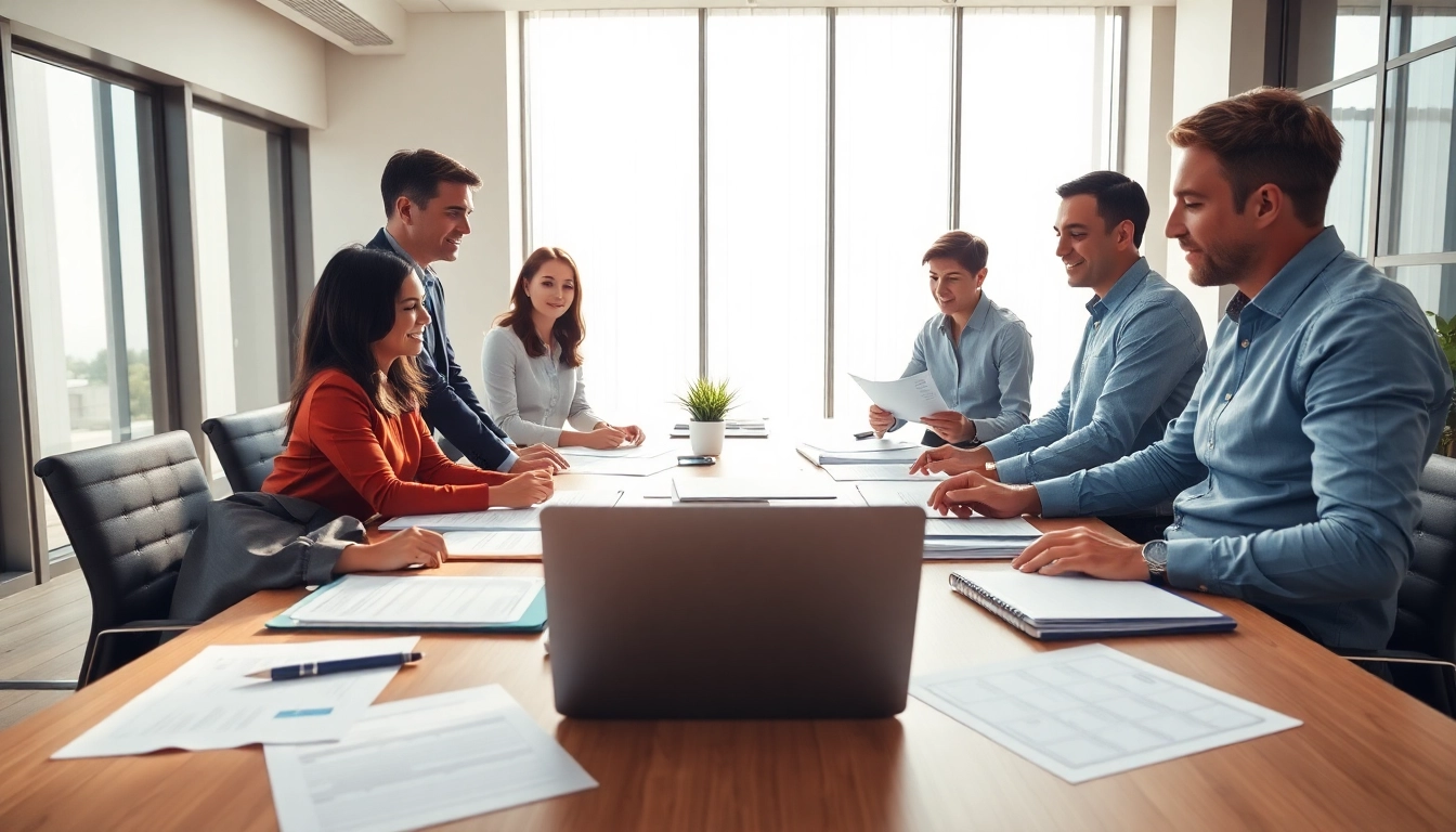 Collaborative team working on post-award compliance management tasks in a vibrant office setting.