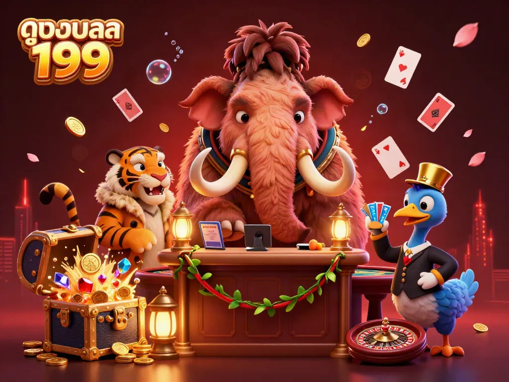 Experience thrilling moments with ดูบอลสด 199 as vibrant characters and roulette lights create an engaging gaming atmosphere.