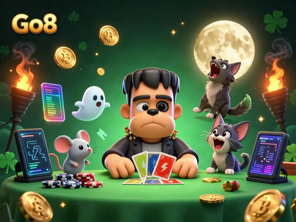 Deal cards with Go8 while enjoying a spooky casino atmosphere filled with crypto elements.