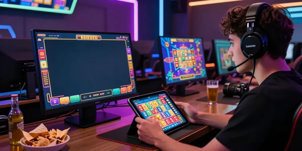 A player at https://plustoto4dbigwin.uk.com immersed in engaging lottery gameplay on a high-definition screen, showcasing vibrant graphics and immersive gaming atmosphere.