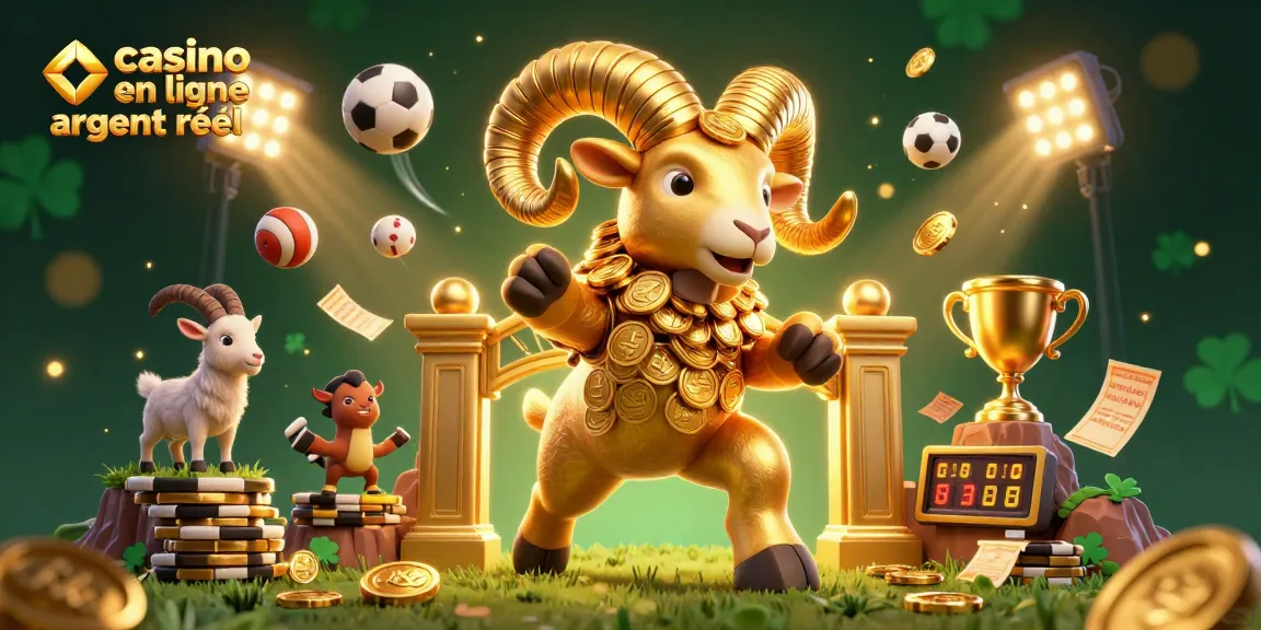 Découvrez le casino en ligne argent réel avec un bélier doré titanesque, bravant une porte dorée, entouré d’éléments sportifs et de pièces d’or.