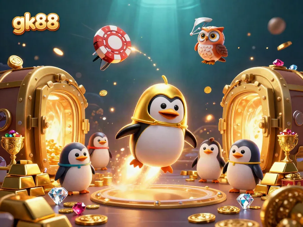 Experience thrilling gk88 casino action with a golden penguin in a vibrant cosmic scene.