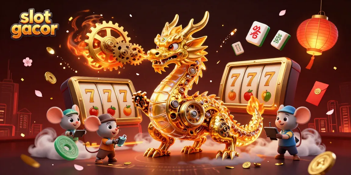 Experience the thrill of slot gacor with a golden dragon and dynamic casino elements in a vibrant 3D scene.