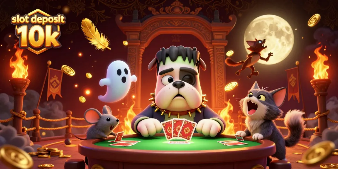 Menang jackpot dengan slot deposit 10k, bulldog kartun yang dealer kartu dari meja hijau berkilau di kasino.