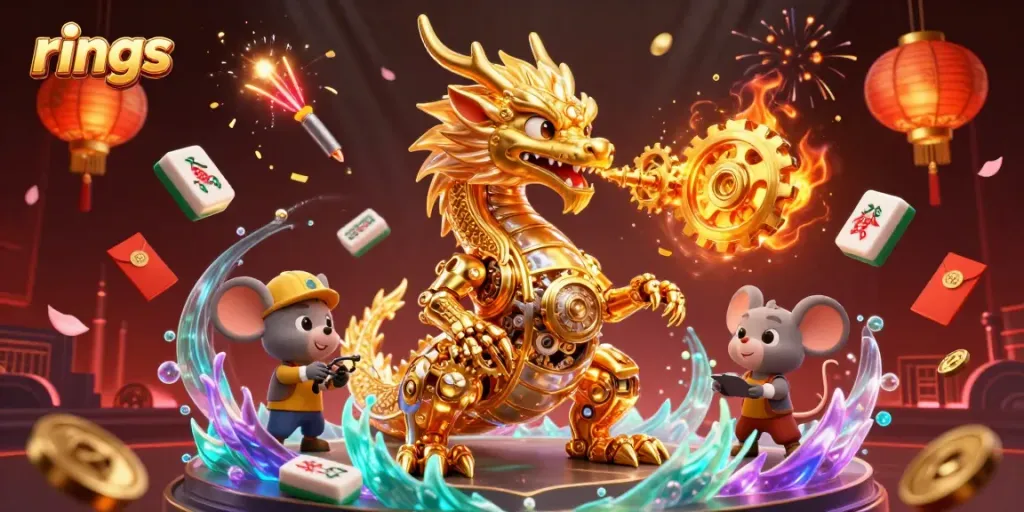 Playful rings artwork showcasing dragons and vibrant casino elements in a captivating illustration.