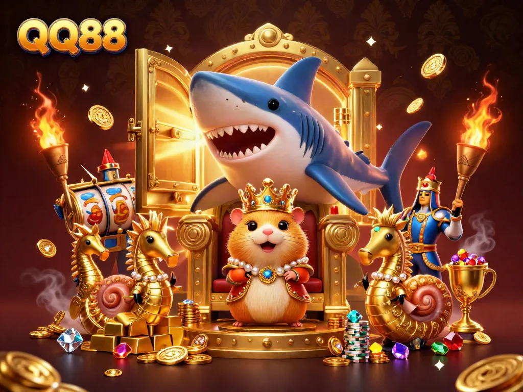 Engage in thrilling gameplay at QQ88 with golden treasures and a majestic hamster king.