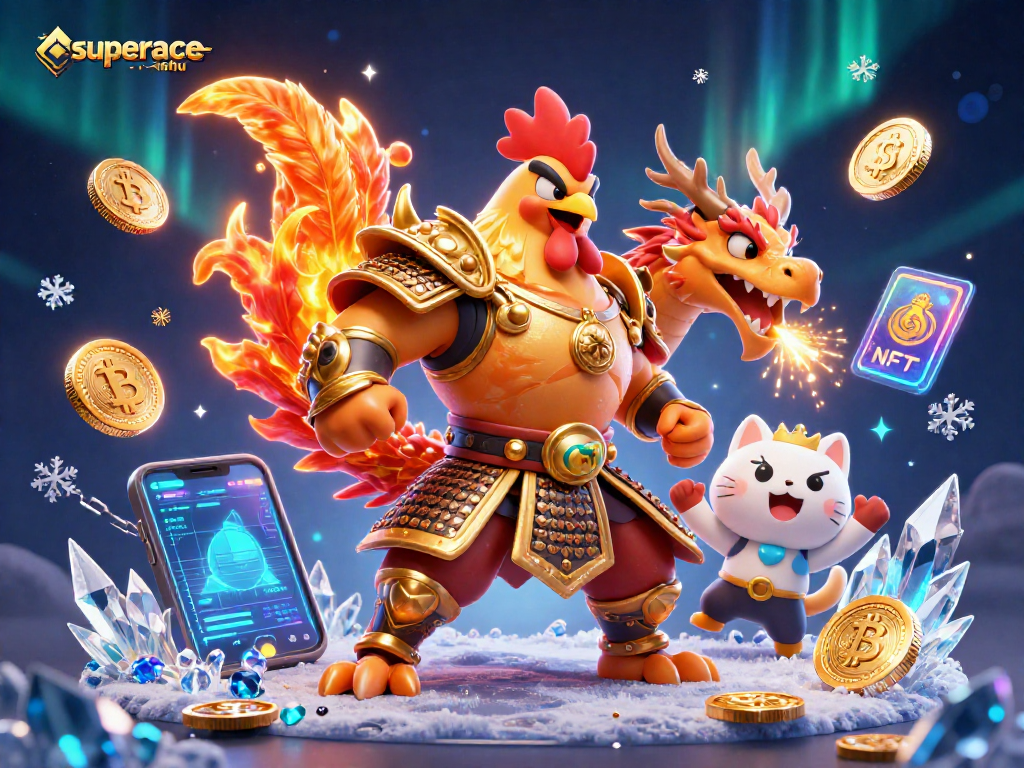 Engage with the thrilling superace-nohu game, featuring a dynamic rooster warrior and armored dragon amidst vibrant cryptocurrency elements.