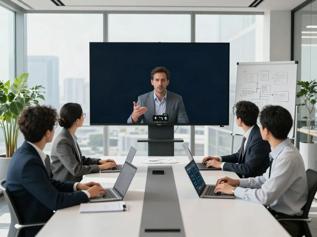 Deepfake-protected meetings showcased through a corporate video call with engaged professionals in a modern conference room.