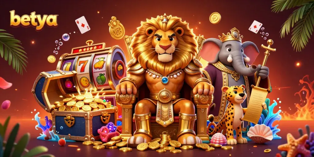 Enjoy thrilling slot action at Betya, featuring a lion king on a gold throne amid vibrant casino elements.