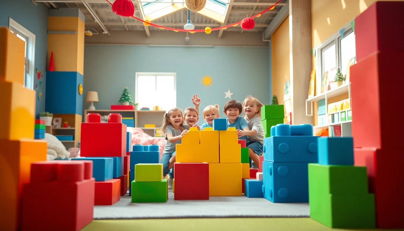 Discover more about children playing with colorful giant building blocks in a vibrant indoor setting.