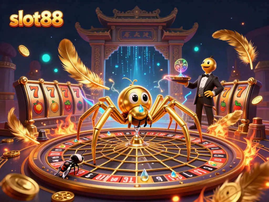 Engage with slot88 as a golden spider spins a roulette wheel web, featuring vibrant casino elements.