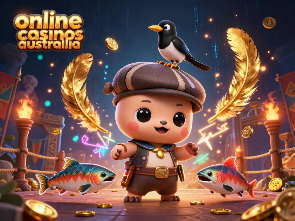 Engage with the excitement of online casinos Australia through an animated scene with playful characters and dynamic casino elements.