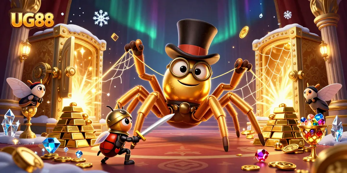 Experience the excitement of UG88 with a golden spider spinning a web of casino treasures and dynamic characters.