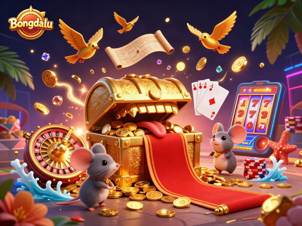 Bongdalu showcases an engaging scene of a treasure chest and mice, embodying vibrant casino excitement.