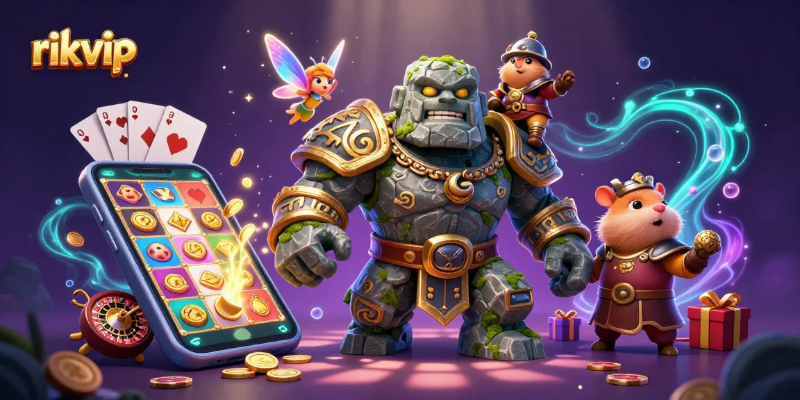 Experience the excitement of rikvip with a dynamic 3D illustration featuring a golem, fairy, and hamster knight in action.