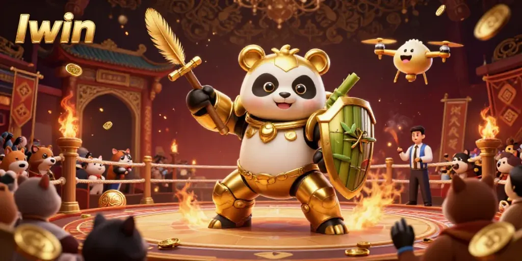 Iwin engages players with a vibrant casino atmosphere featuring a panda in a mech-suit amidst cheers and dynamic casino elements.