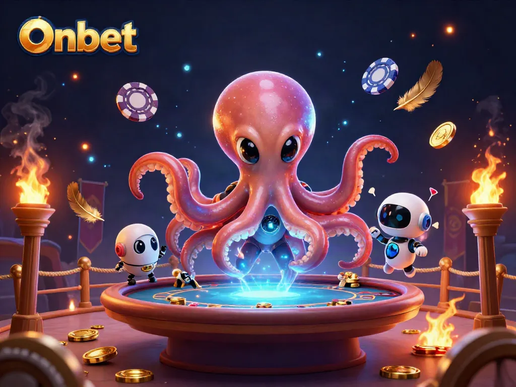 Engage with Onbet's thrilling poker experience, featuring vibrant alien octopus and holographic table.