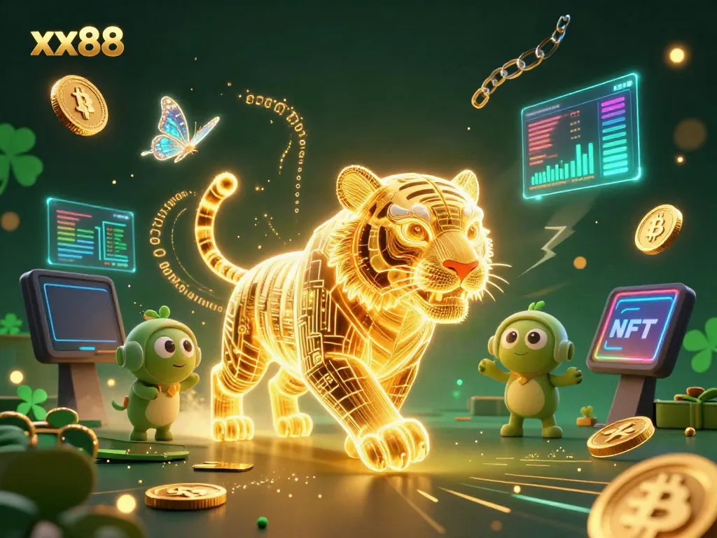 Engage with the thrilling xx88 casino experience, featuring a glowing neon tiger and exciting cryptocurrency elements.