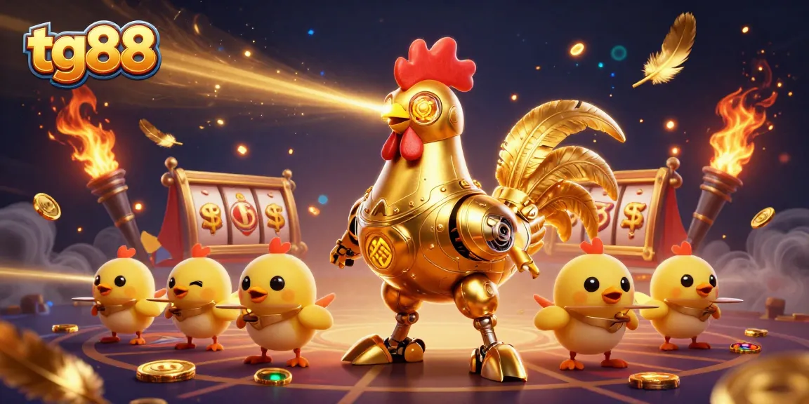 Engage in thrilling gameplay with tg88's golden rooster robot amidst dynamic casino elements.