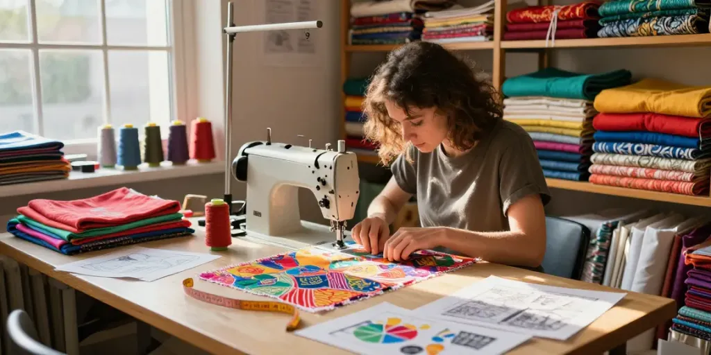 Brocade fabric workshop with artisan focusing on bro183 fabric, vibrant textiles, and creative atmosphere.