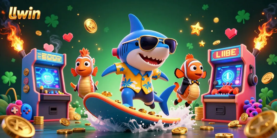 Catch the excitement of llwin with a lively 3D casino scene featuring a shark surfing gold coins.